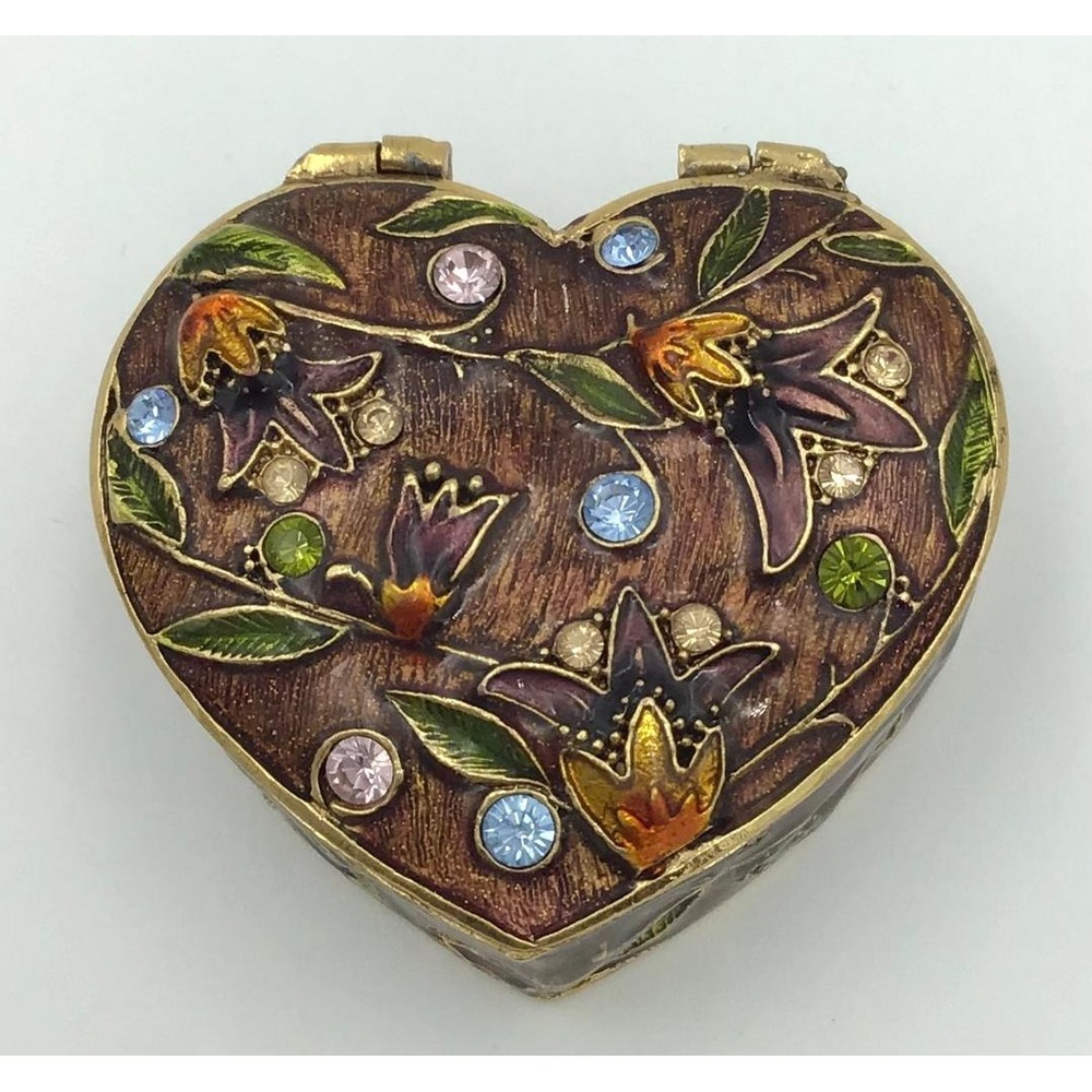VTG Monet Enameled Heart Trinket Box Floral Rhinestone Hinged Pill Box Gold Tone